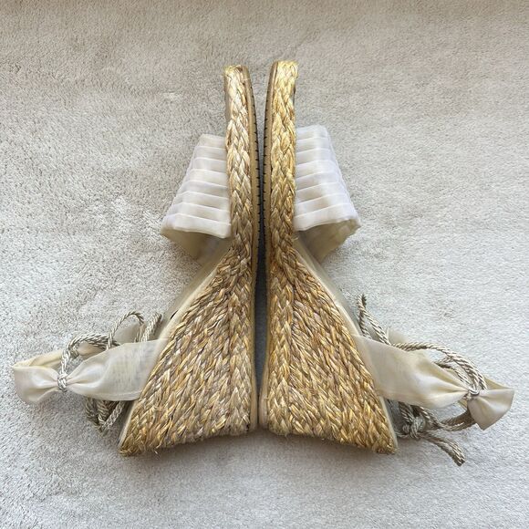 Stuart Weitzman Cream Organza Mesh Wedge Heel Sandals Women 7 Ankle Strap Laces - Picture 4 of 16
